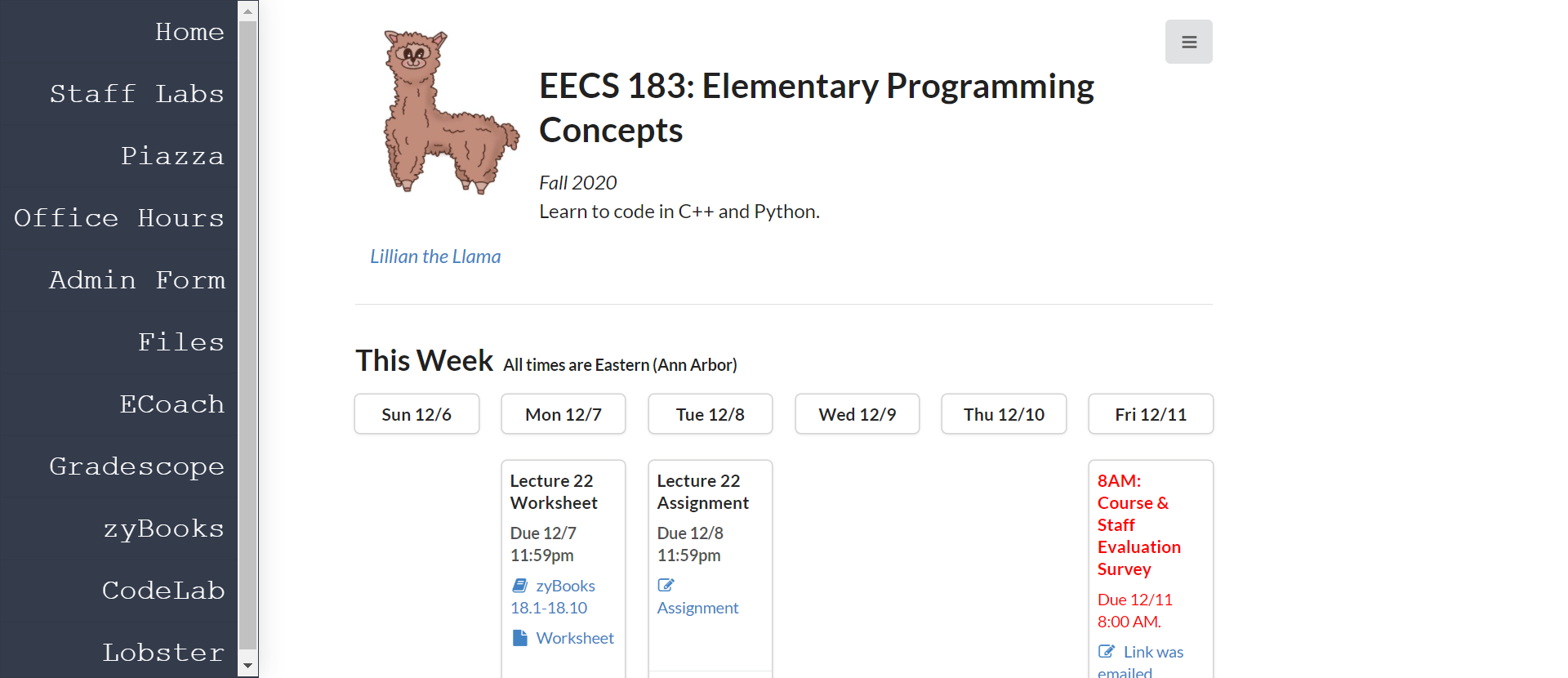 eecs183 website screenshot